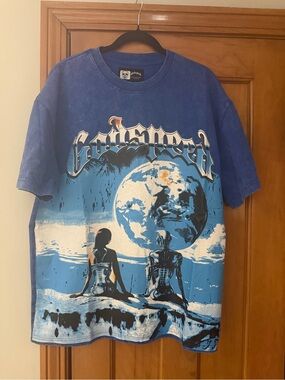 Mens Godspeed Blue Graphic Tee with Earth & Figures